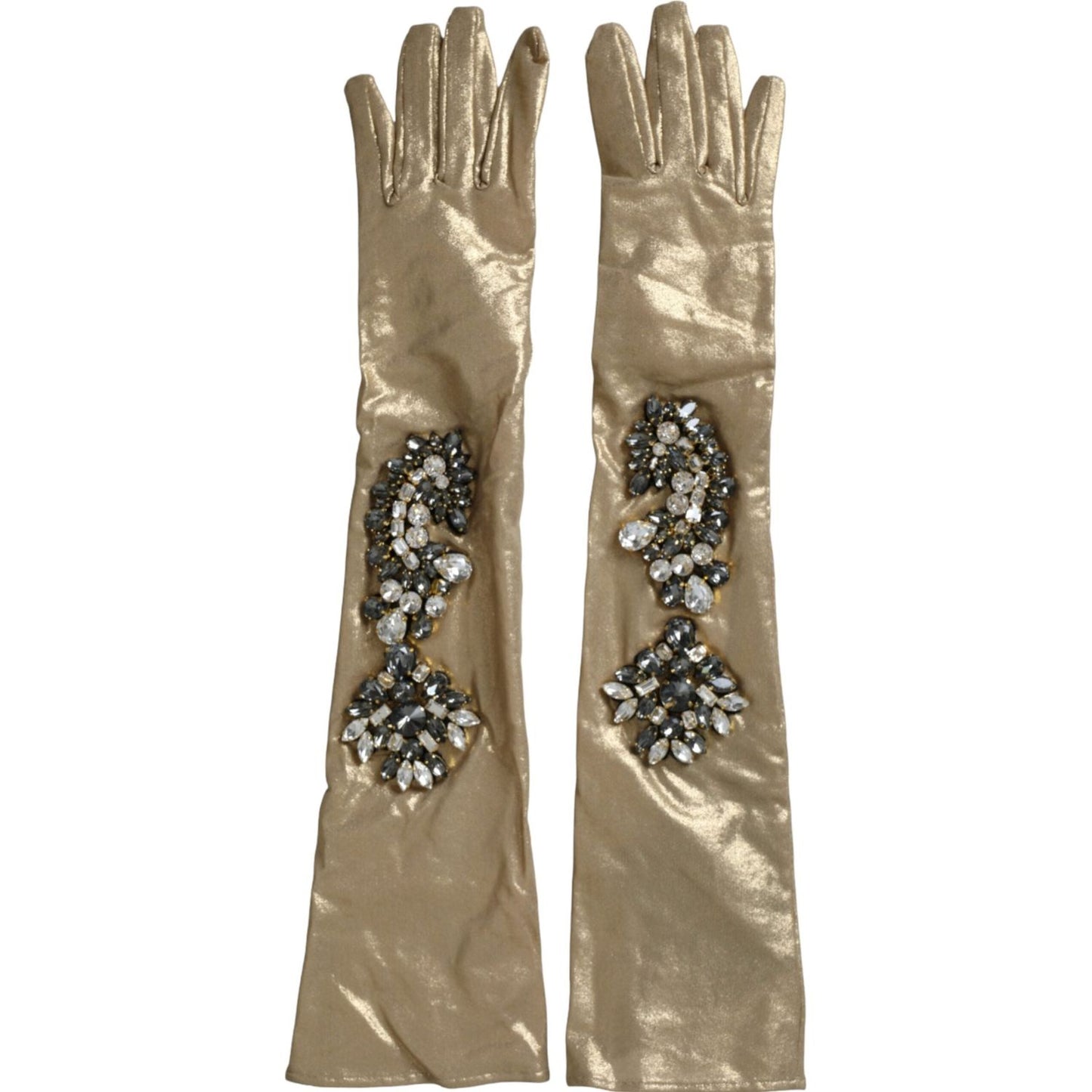 Dolce & Gabbana Beige Satin Crystal Elbow Length Gloves Dolce & Gabbana