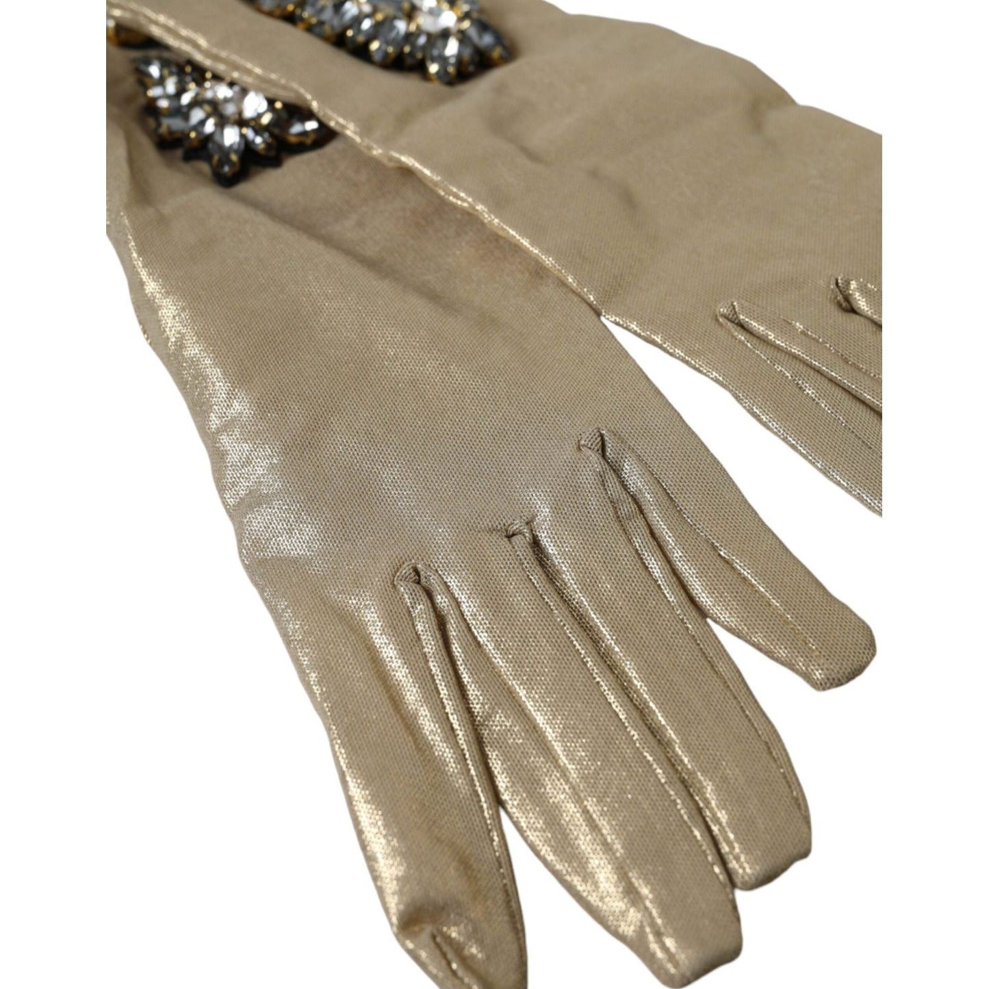 Dolce & Gabbana Beige Satin Crystal Elbow Length Gloves Dolce & Gabbana