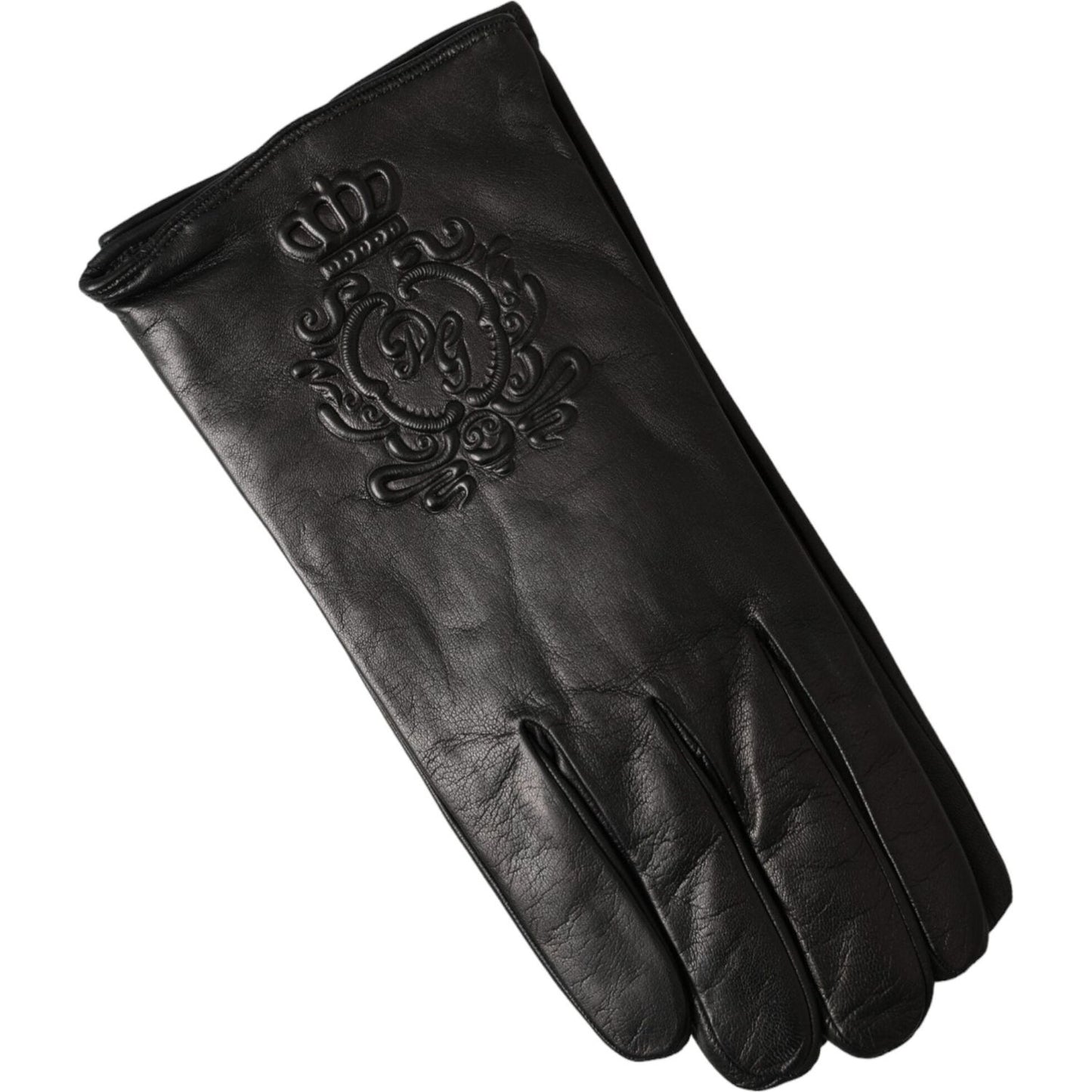 Black Leather Embossed Logo Short Hands Gloves