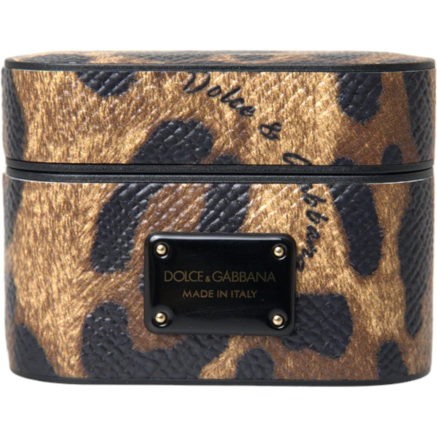 Dolce & Gabbana Brown Leopard Calf Leather Metal Logo Plaque Airpods Case