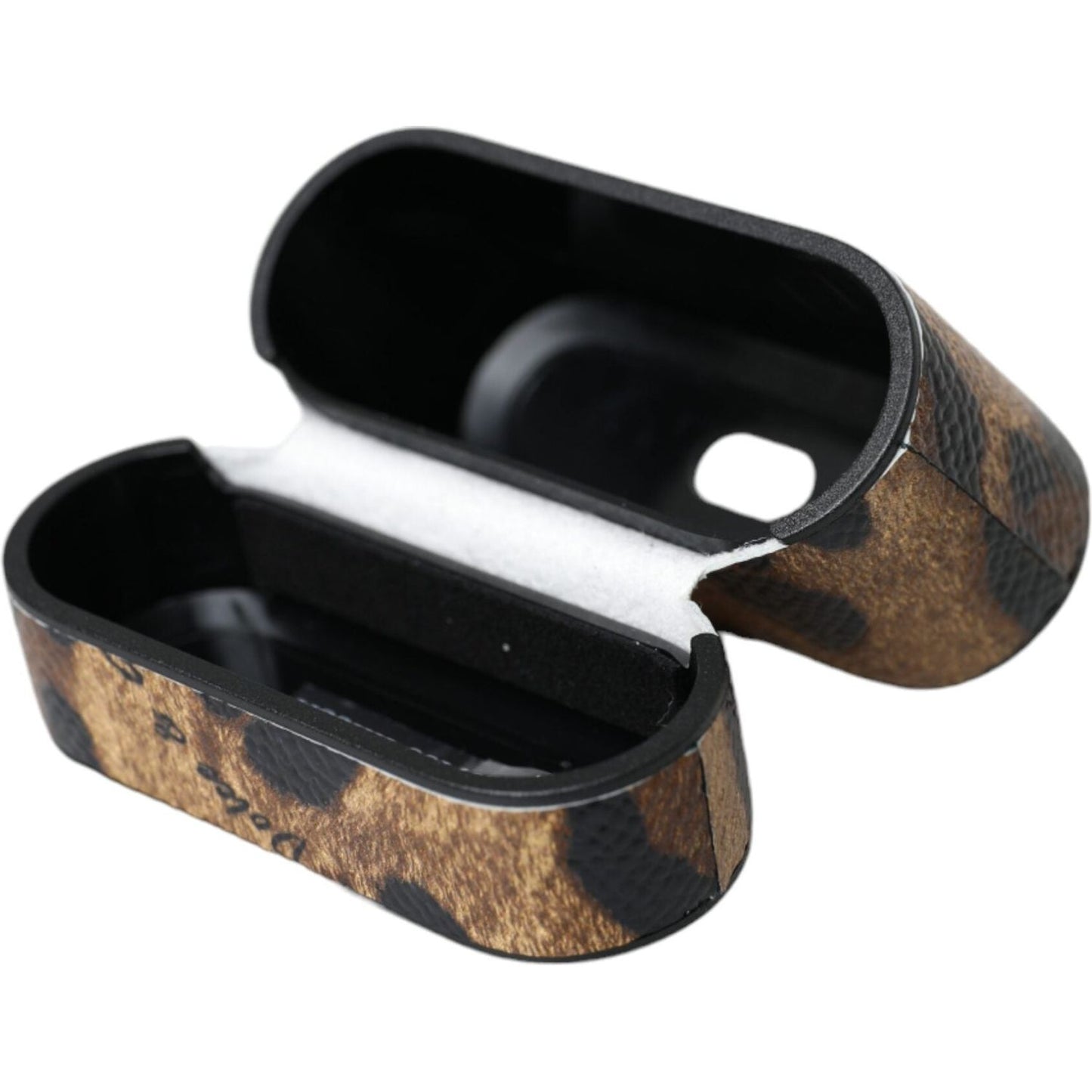 Brown Leopard Calf Leather Metal Logo Plaque Airpods Case