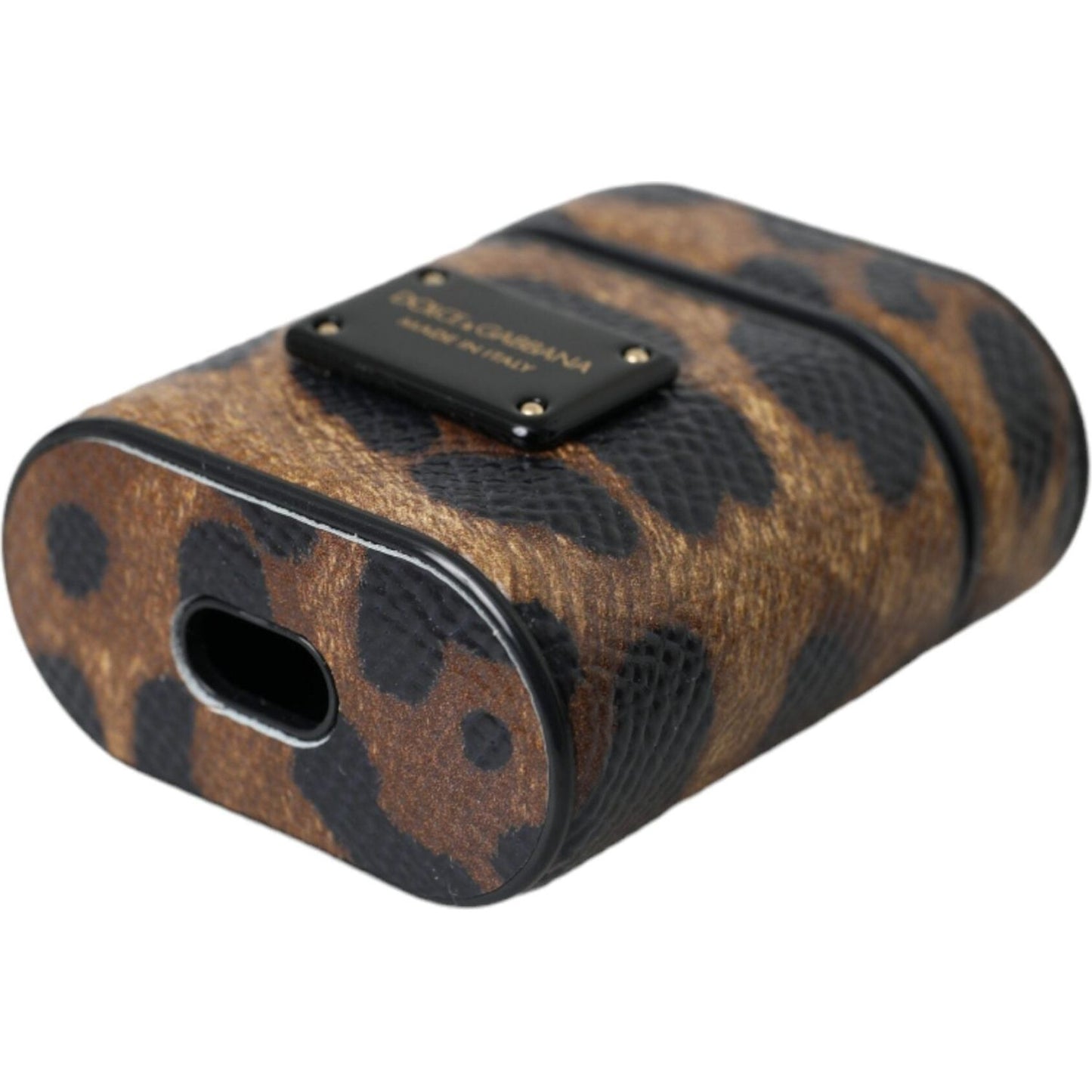 Brown Leopard Calf Leather Metal Logo Plaque Airpods Case