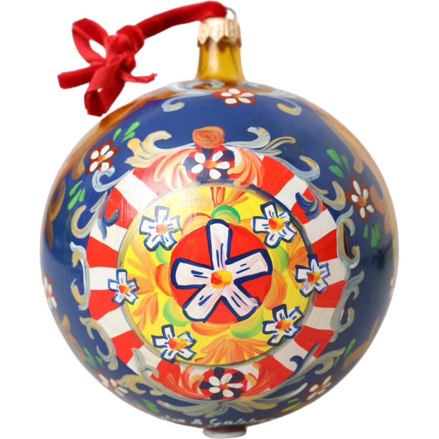 Gold Tone Carretto Print Round Ornament Christmas Ball