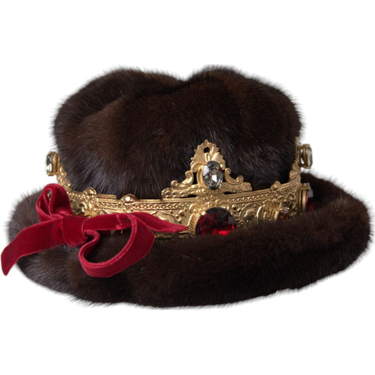 Dark Brown Mink Fur Gold Crystal Crown Hat Dolce & Gabbana