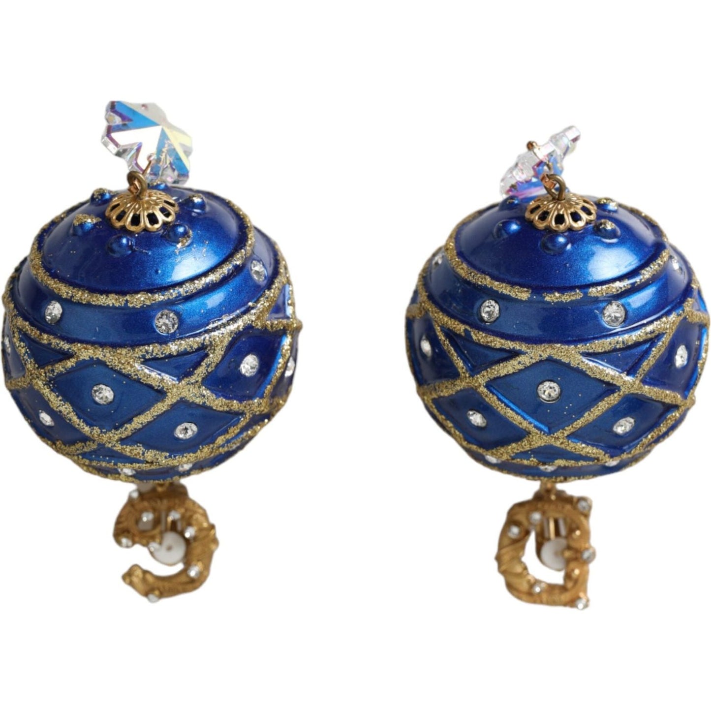 Gold Brass Blue Dangle Christmas Ball Crystal Clip On Earrings