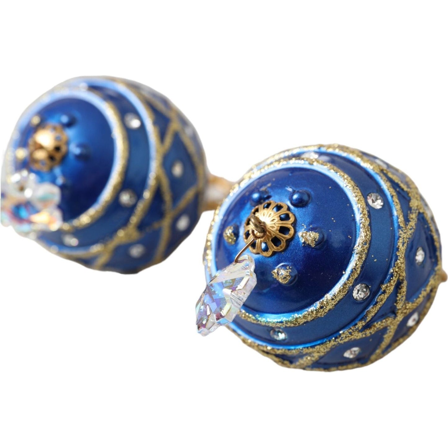 Gold Brass Blue Dangle Christmas Ball Crystal Clip On Earrings