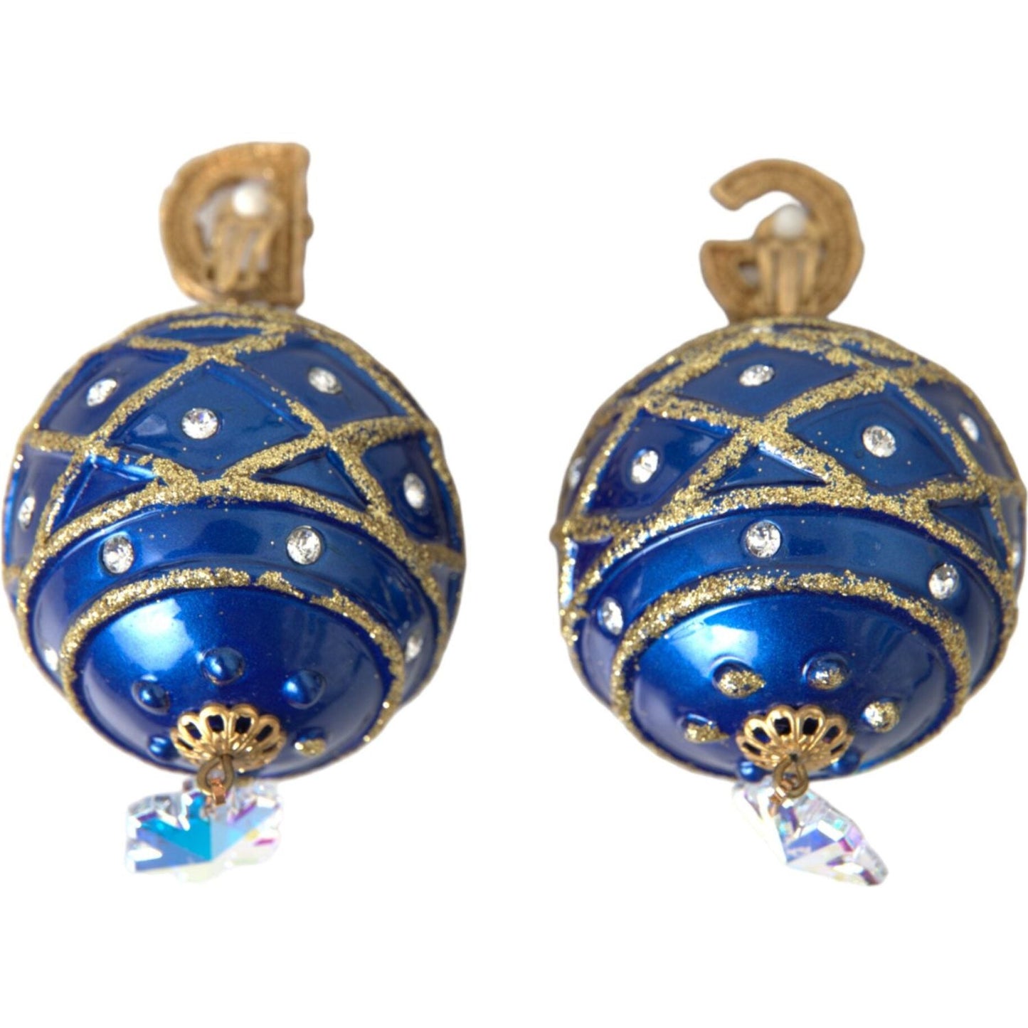 Gold Brass Blue Dangle Christmas Ball Crystal Clip On Earrings