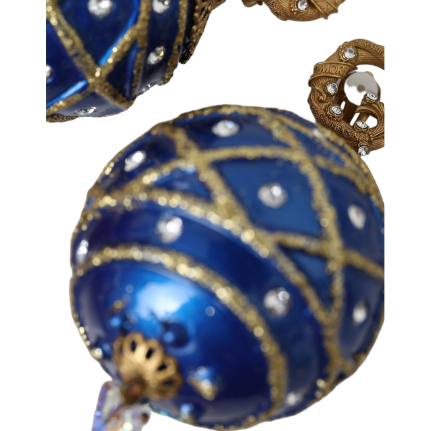 Gold Brass Blue Dangle Christmas Ball Crystal Clip On Earrings