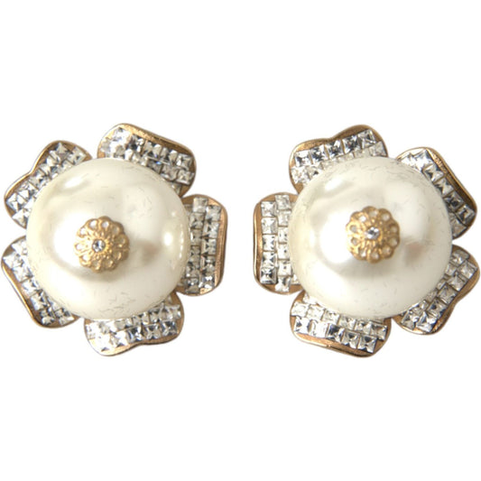 Dolce & Gabbana Gold Tone Maxi Faux Pearl Floral Clip-on Jewelry Earrings Earrings