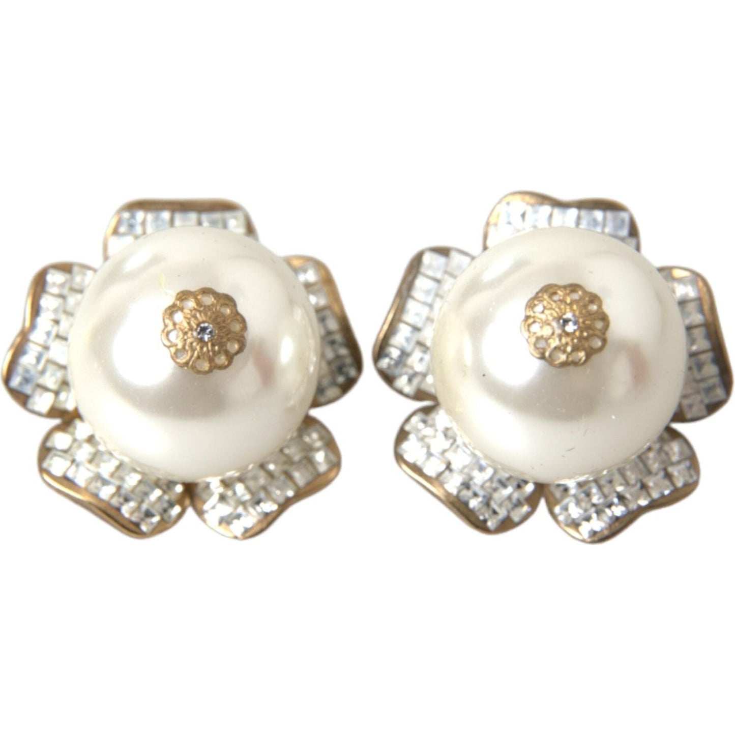 Gold Tone Maxi Faux Pearl Floral Clip-on Jewelry Earrings