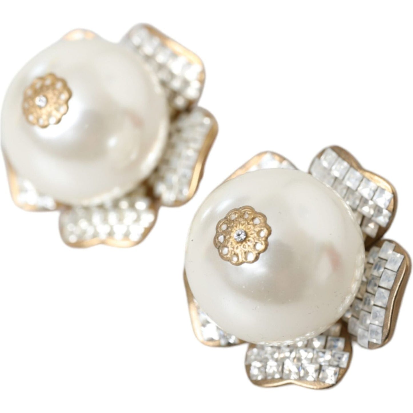 Gold Tone Maxi Faux Pearl Floral Clip-on Jewelry Earrings