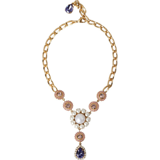 Gold Brass Crystal Purple Pink Pearl Pendants Necklace