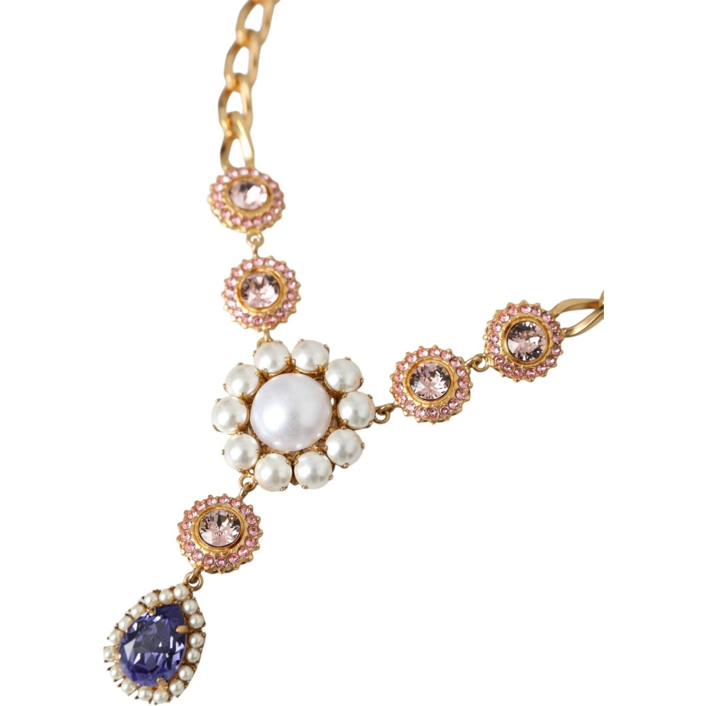 Gold Brass Crystal Purple Pink Pearl Pendants Necklace