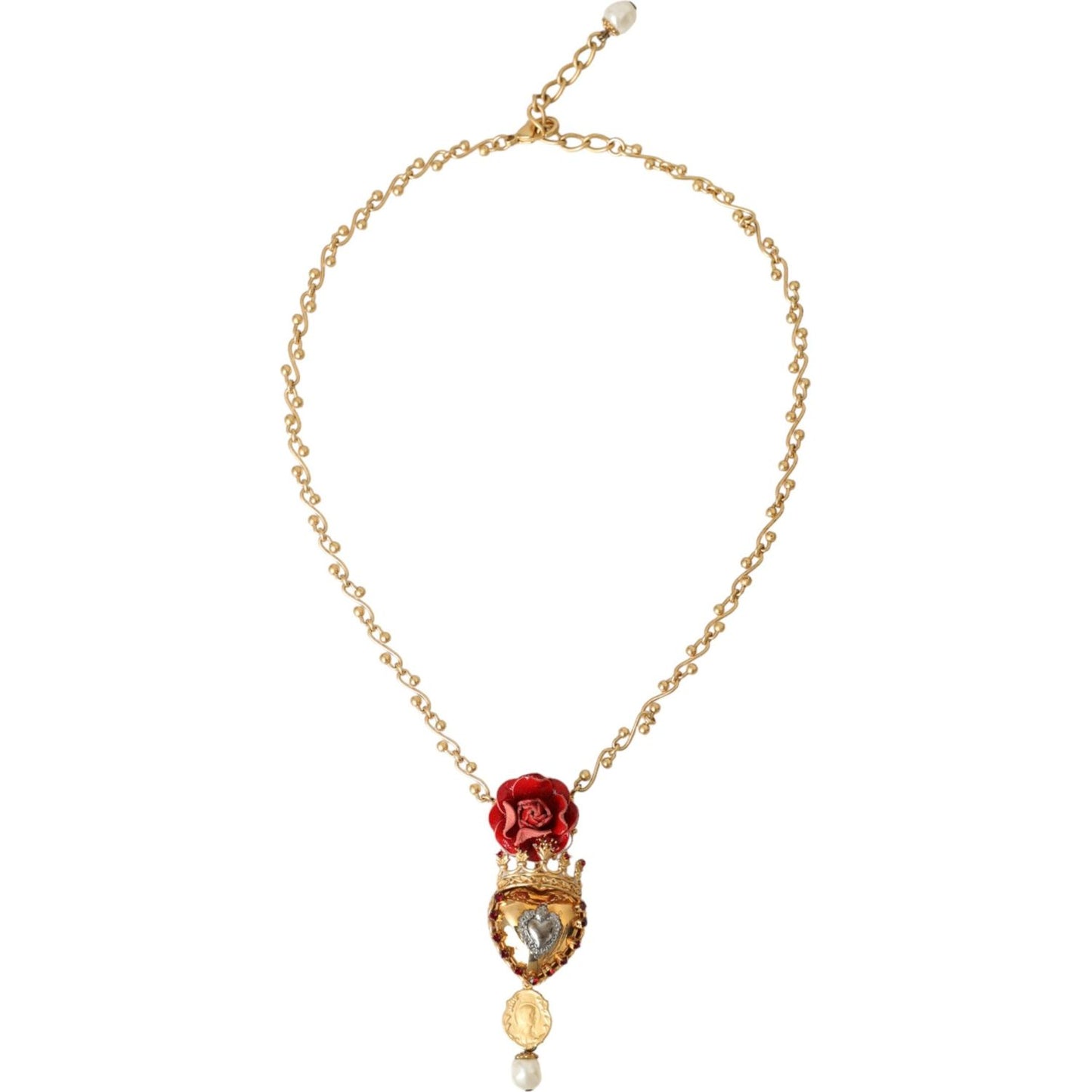 Gold BrassChain Sacred Heart Rose Crystal Charm Necklace