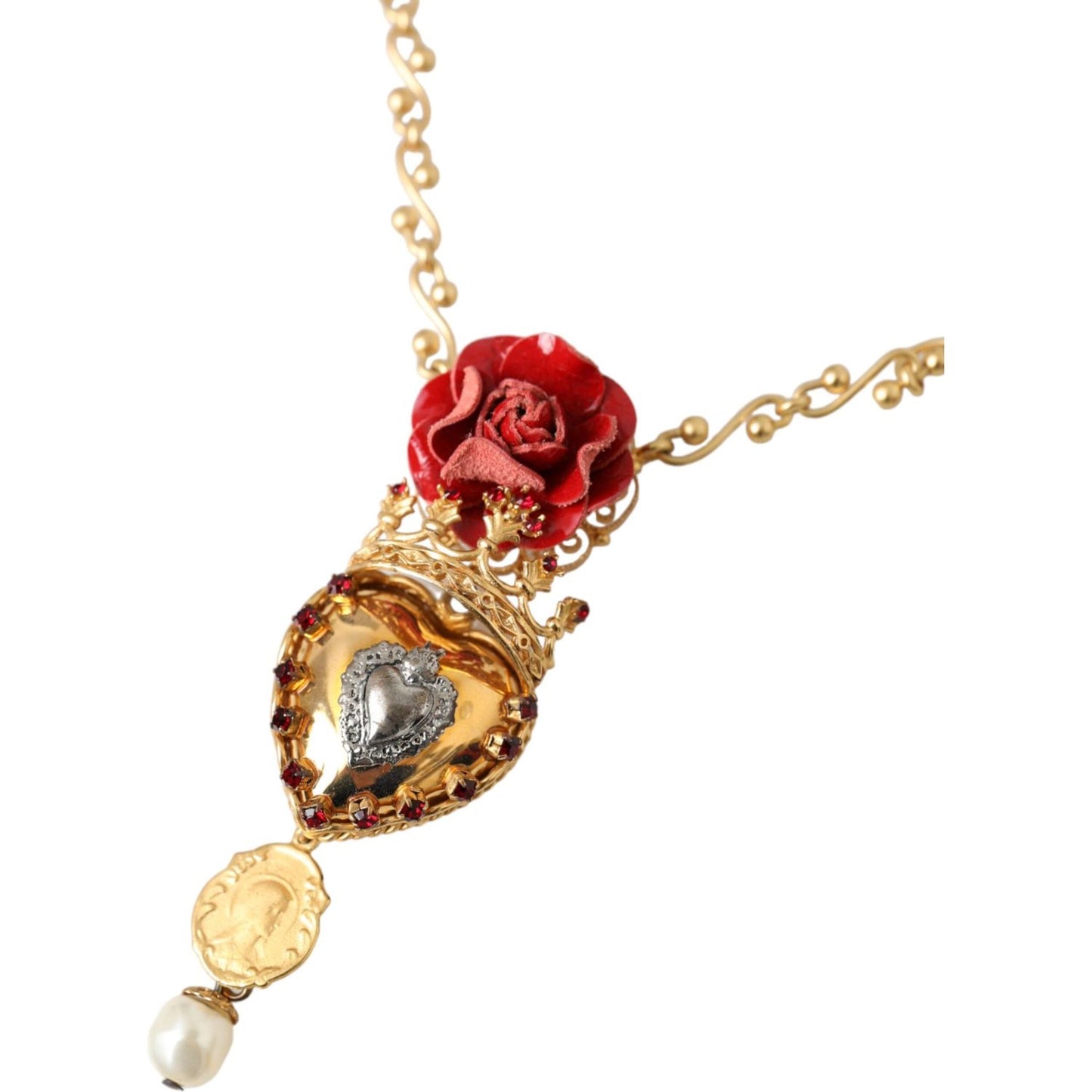 Gold BrassChain Sacred Heart Rose Crystal Charm Necklace