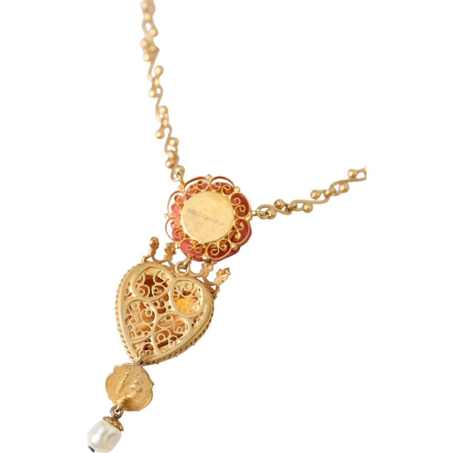 Gold BrassChain Sacred Heart Rose Crystal Charm Necklace