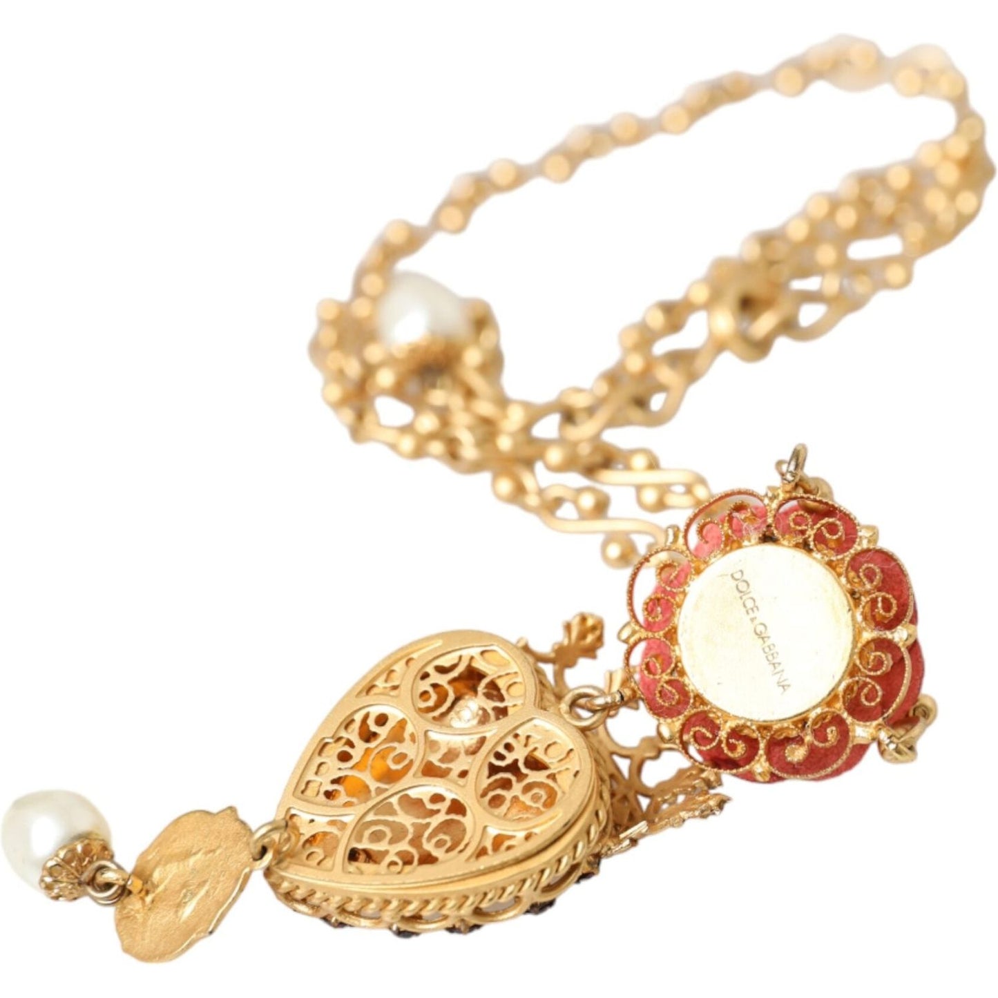 Gold BrassChain Sacred Heart Rose Crystal Charm Necklace