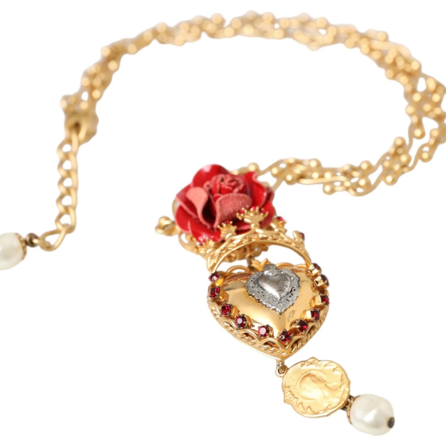 Gold BrassChain Sacred Heart Rose Crystal Charm Necklace