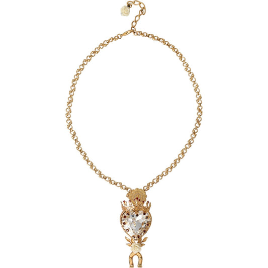 Gold Brass Chain Sacred Heart Crystal Charm Necklace