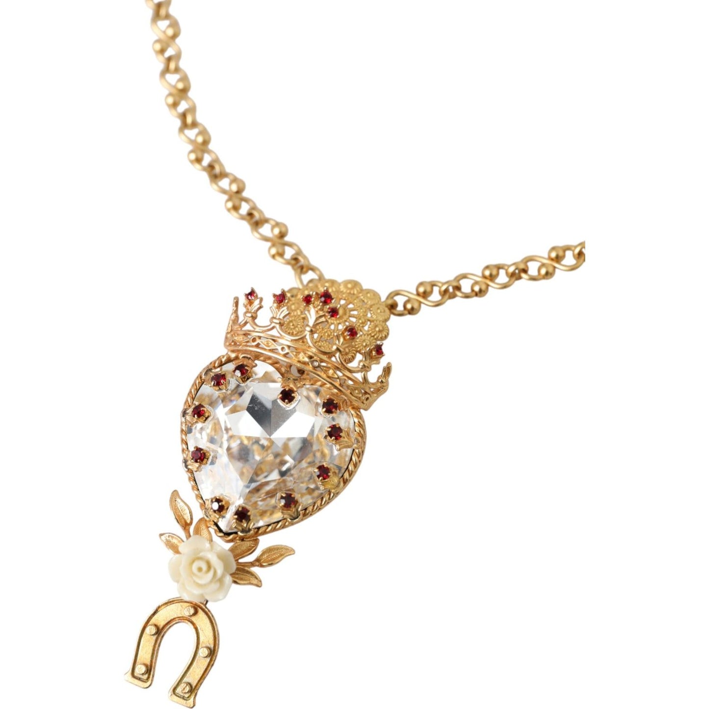 Gold Brass Chain Sacred Heart Crystal Charm Necklace