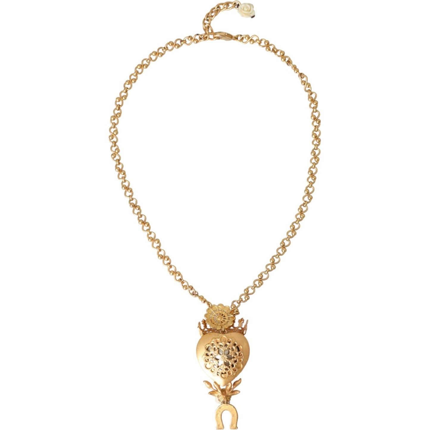 Gold Brass Chain Sacred Heart Crystal Charm Necklace