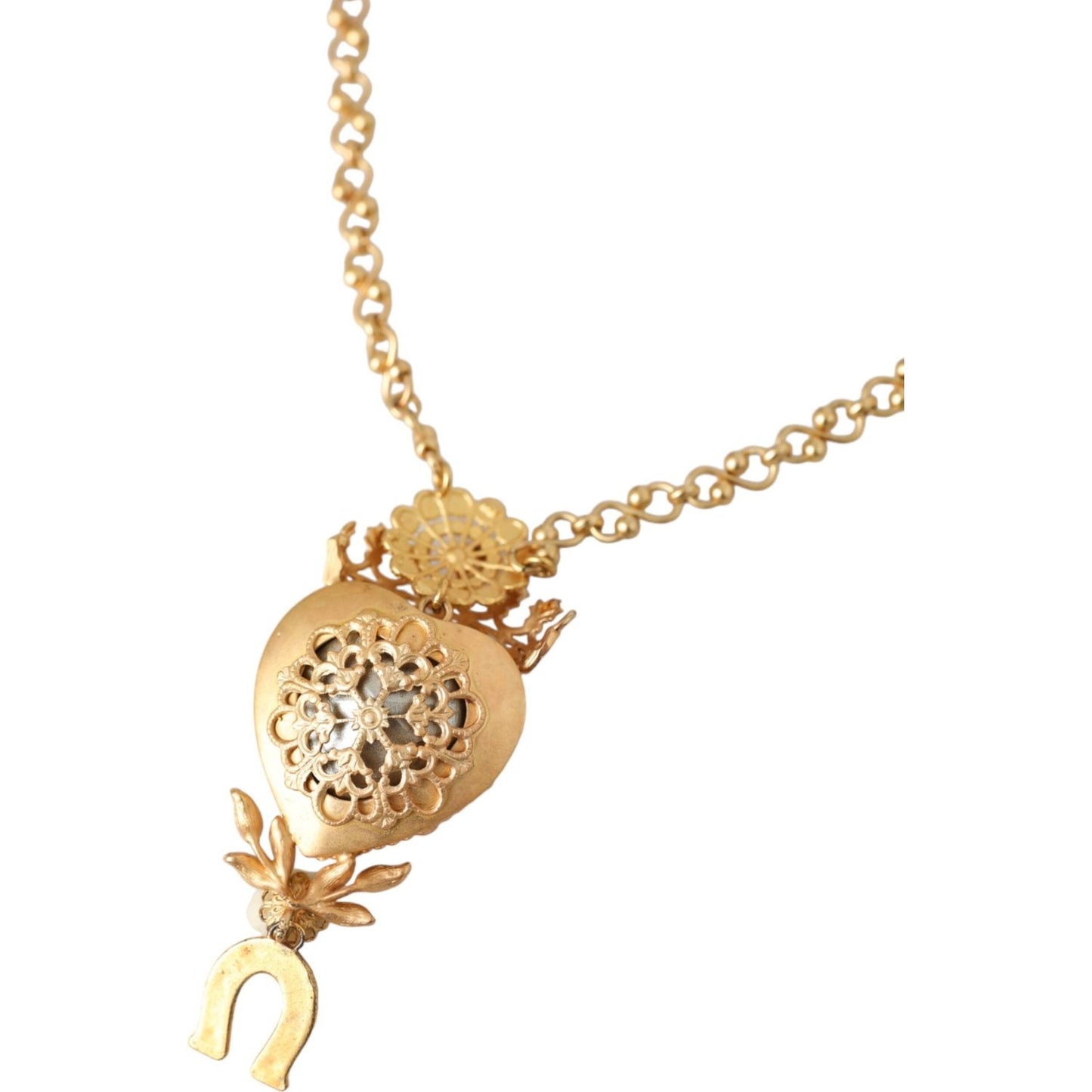 Gold Brass Chain Sacred Heart Crystal Charm Necklace