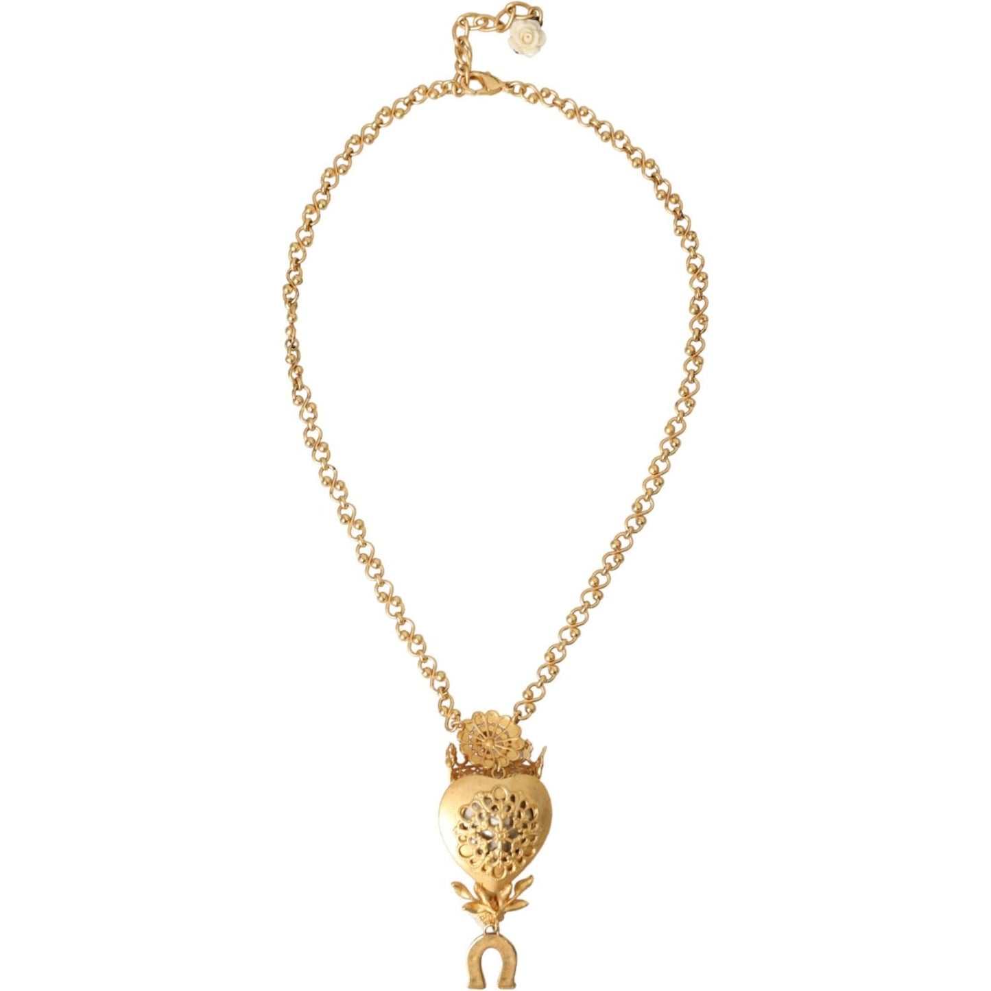 Gold Brass Chain Sacred Heart Crystal Charm Necklace