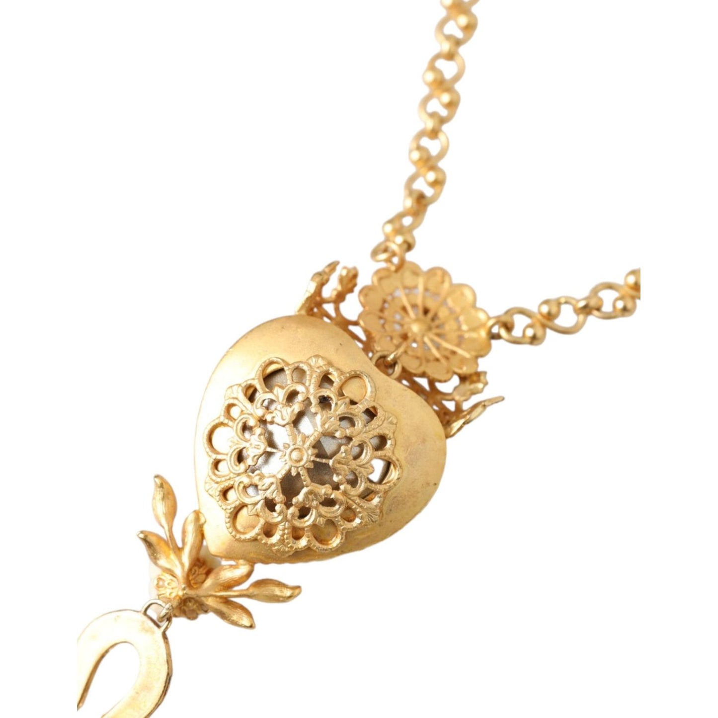 Gold Brass Chain Sacred Heart Crystal Charm Necklace