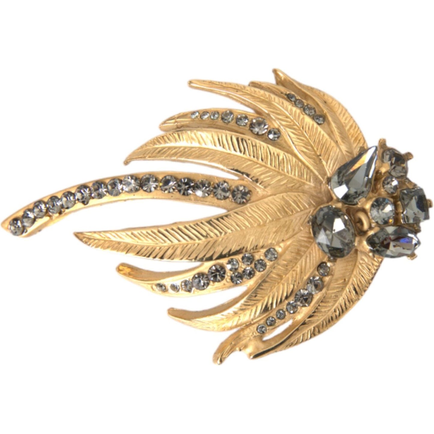 Gold Brass Leaf Crystal Embellished Brooch Pin