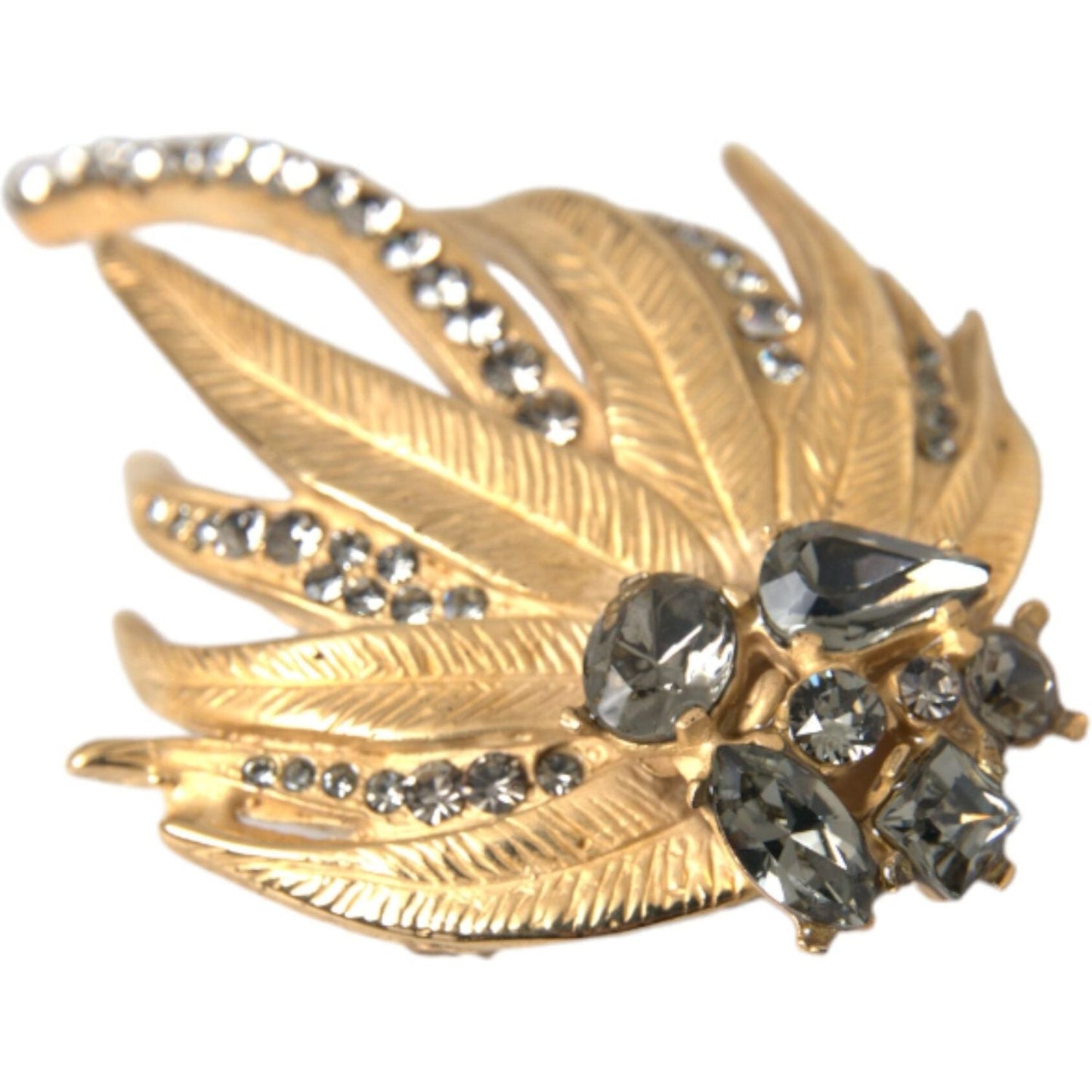 Gold Brass Leaf Crystal Embellished Brooch Pin