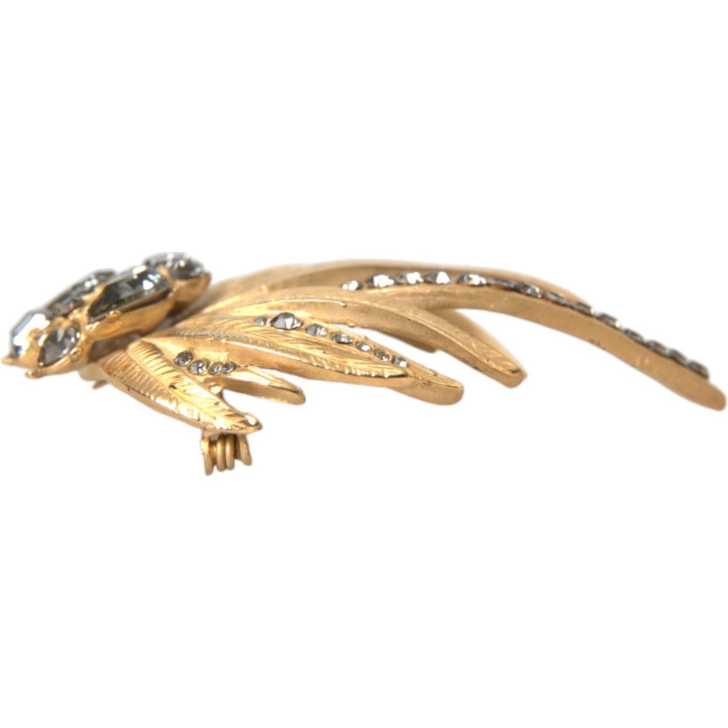 Gold Brass Leaf Crystal Embellished Brooch Pin