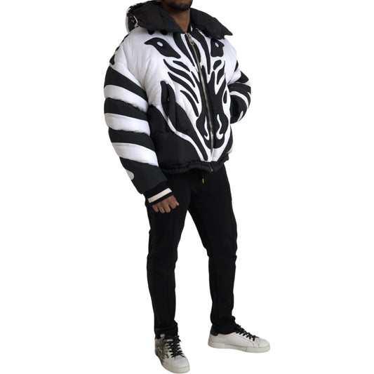 Black White Stripes Hooded Puffer Jacket