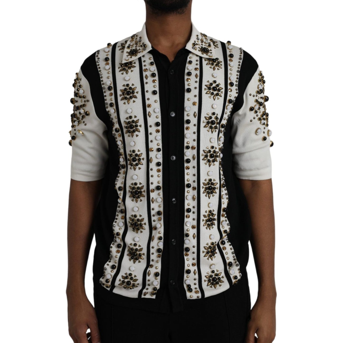 White Black Silk Studded Stone Crystal Shirt