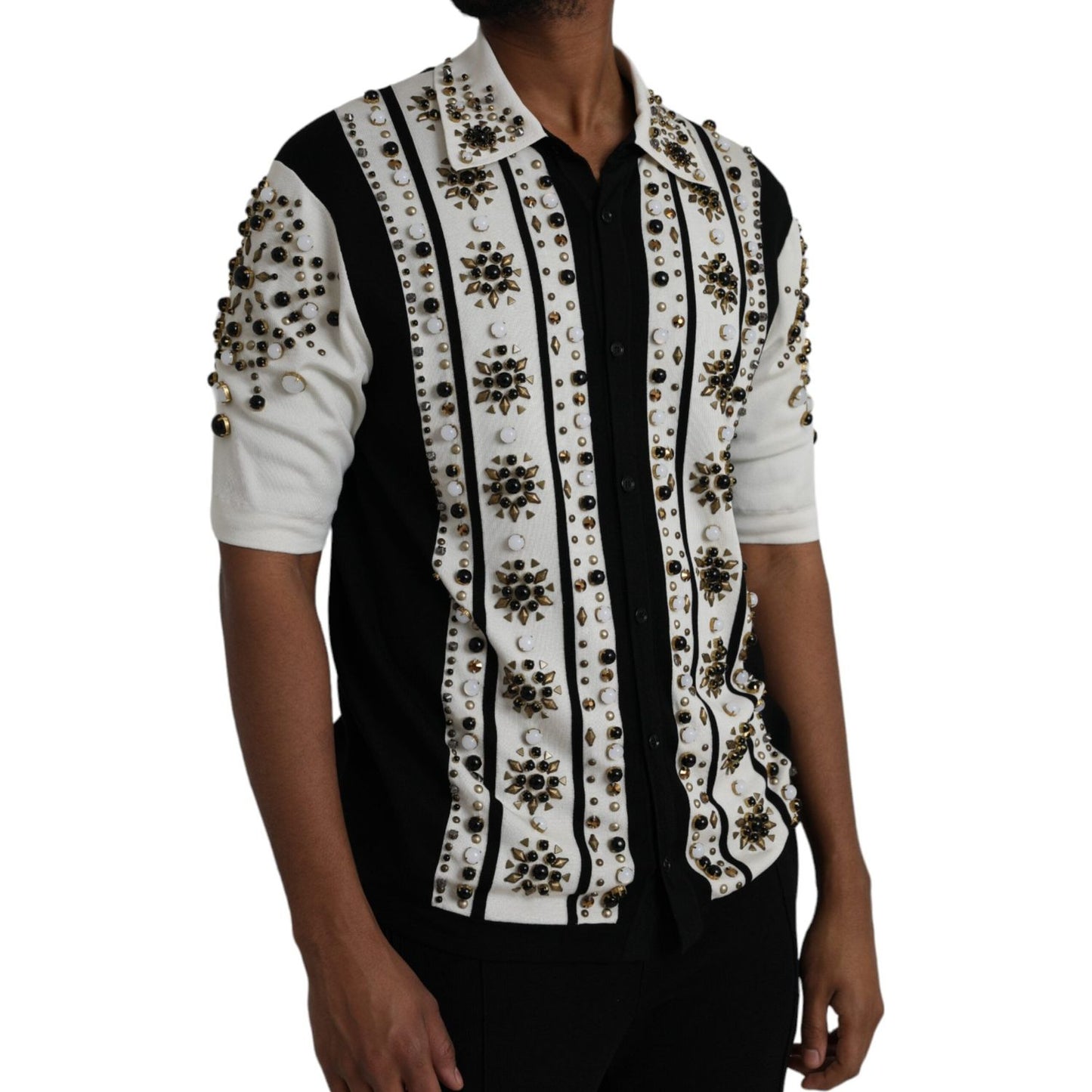 White Black Silk Studded Stone Crystal Shirt