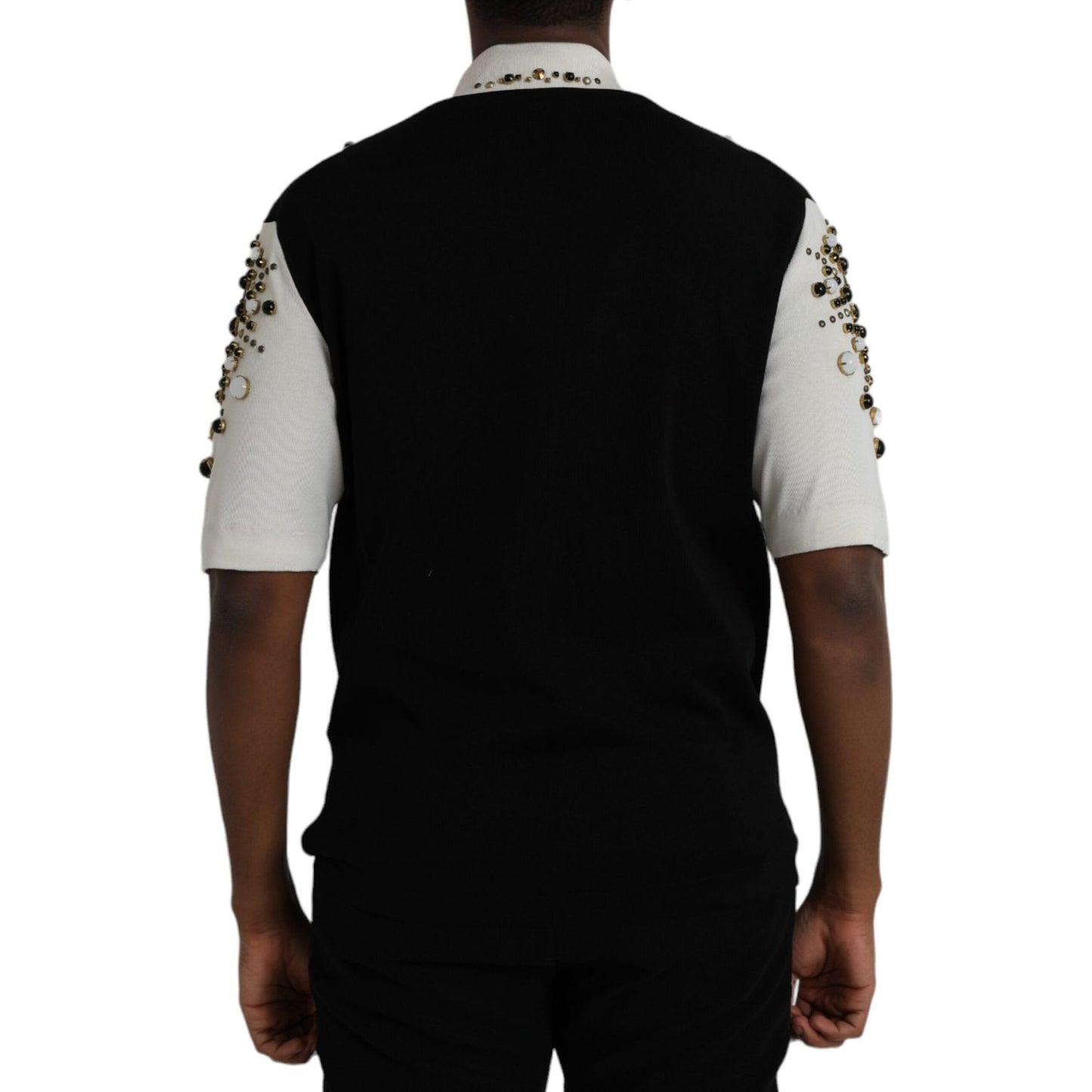 White Black Silk Studded Stone Crystal Shirt