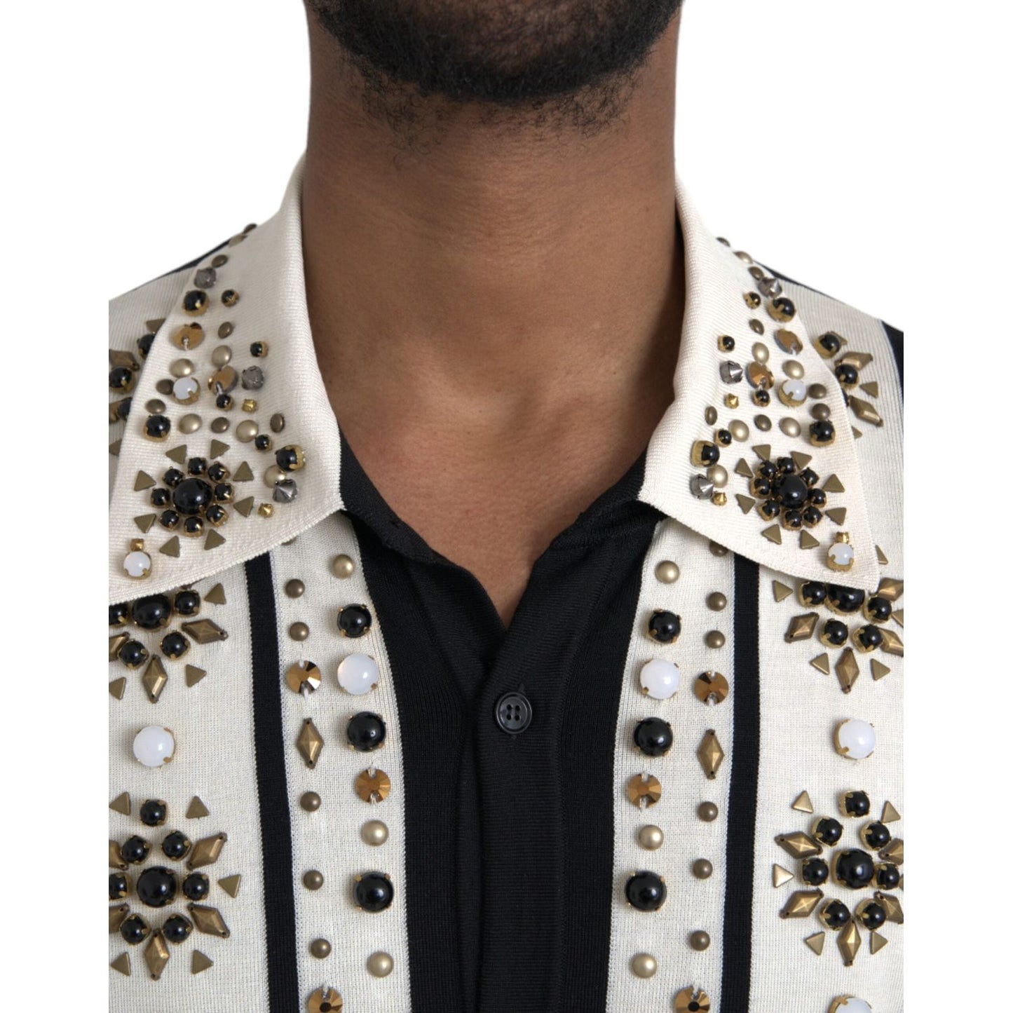 White Black Silk Studded Stone Crystal Shirt