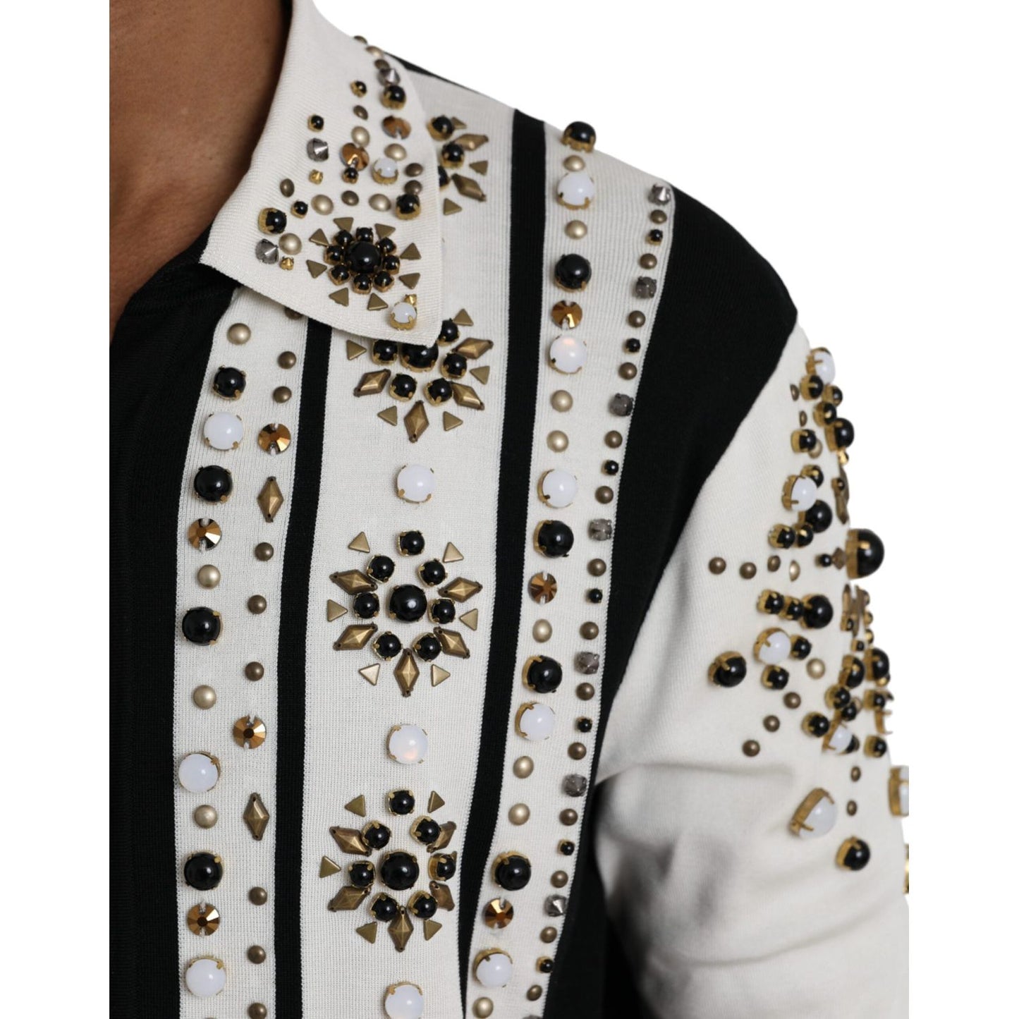 White Black Silk Studded Stone Crystal Shirt