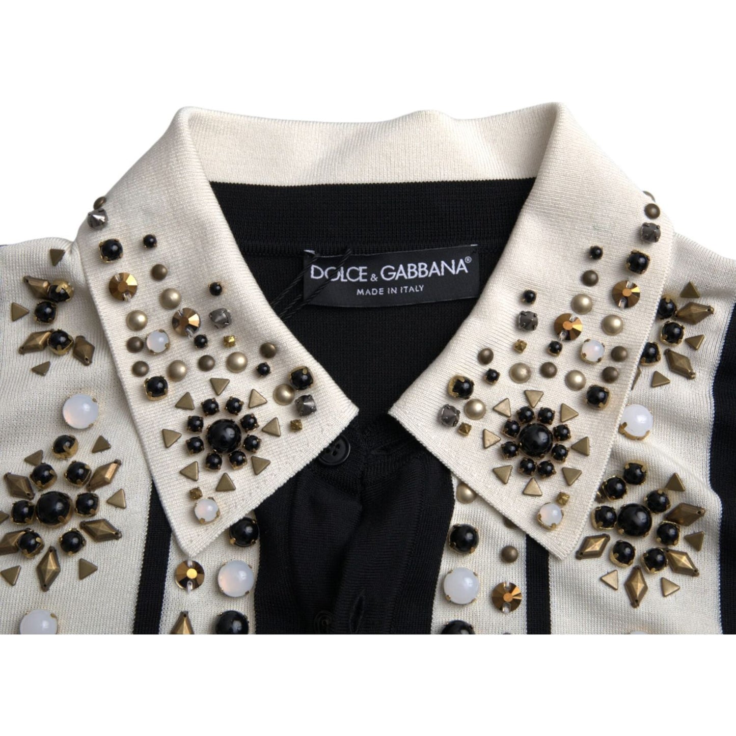 White Black Silk Studded Stone Crystal Shirt