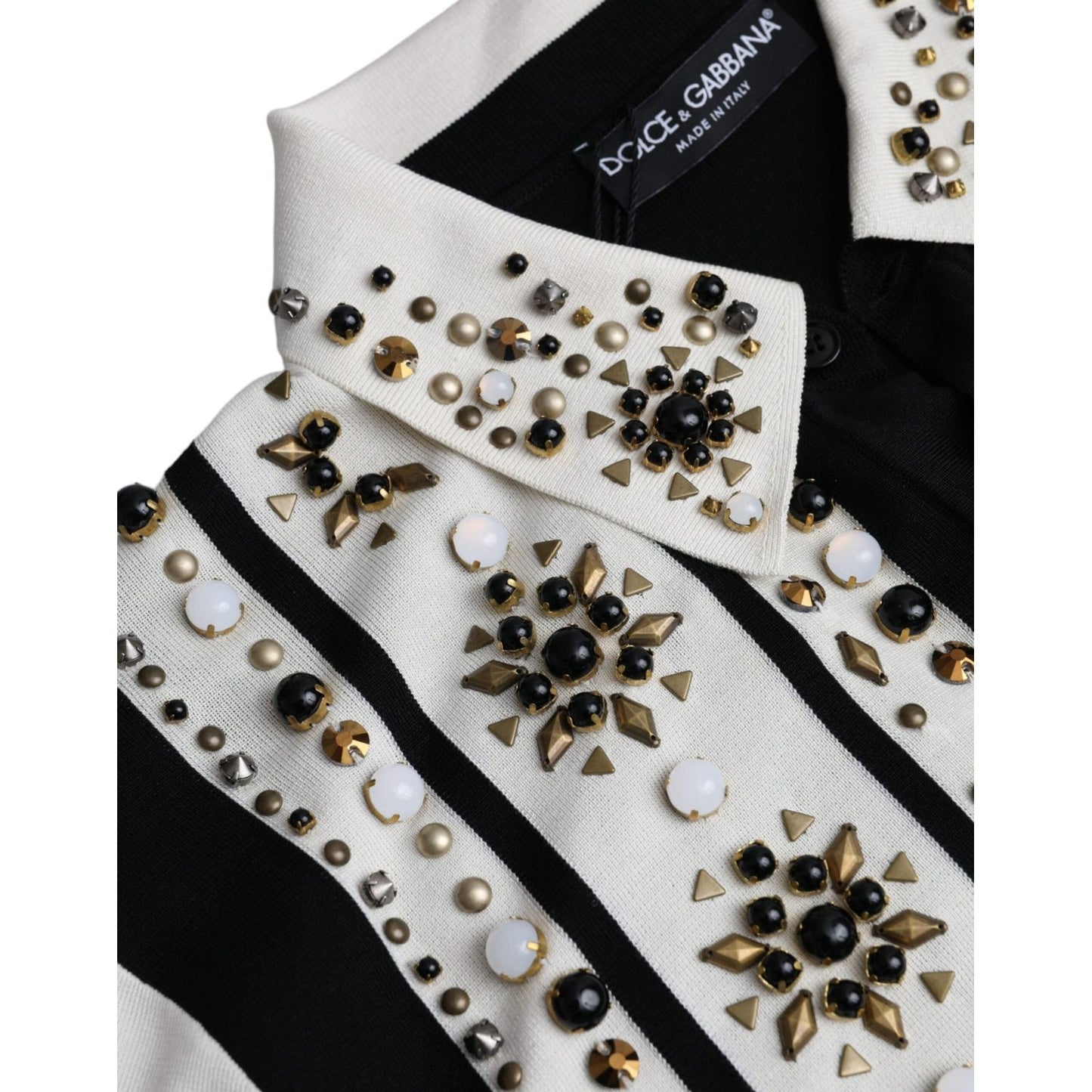 White Black Silk Studded Stone Crystal Shirt