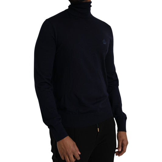 Blue Wool Crown Turtleneck Pullover Sweater