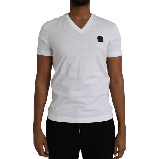 White Cotton Logo Plaque V-neck Men T-shirt