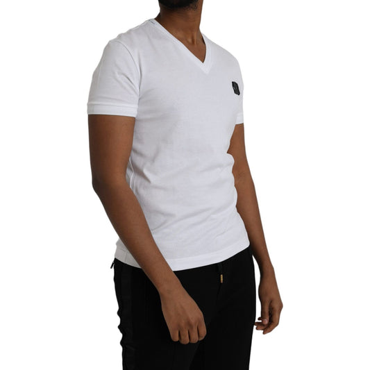 White Cotton Logo Plaque V-neck Men T-shirt