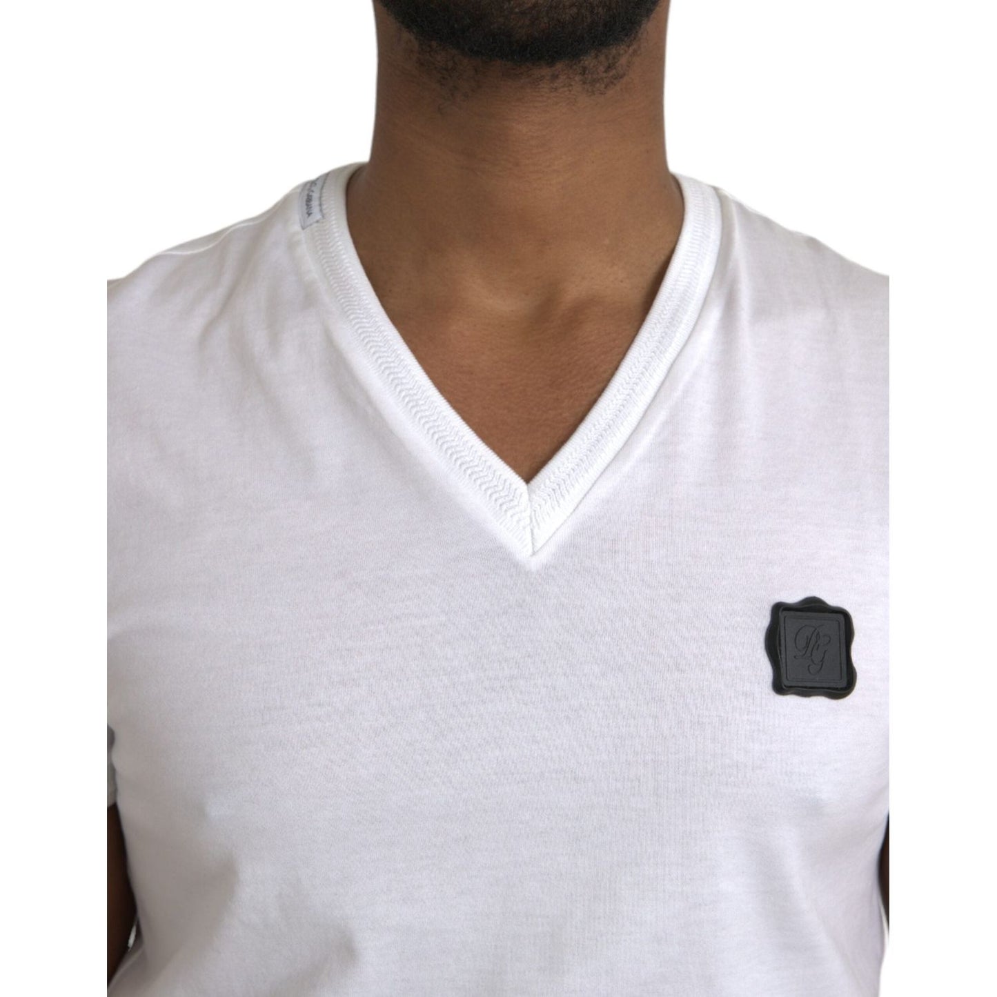 White Cotton Logo Plaque V-neck Men T-shirt