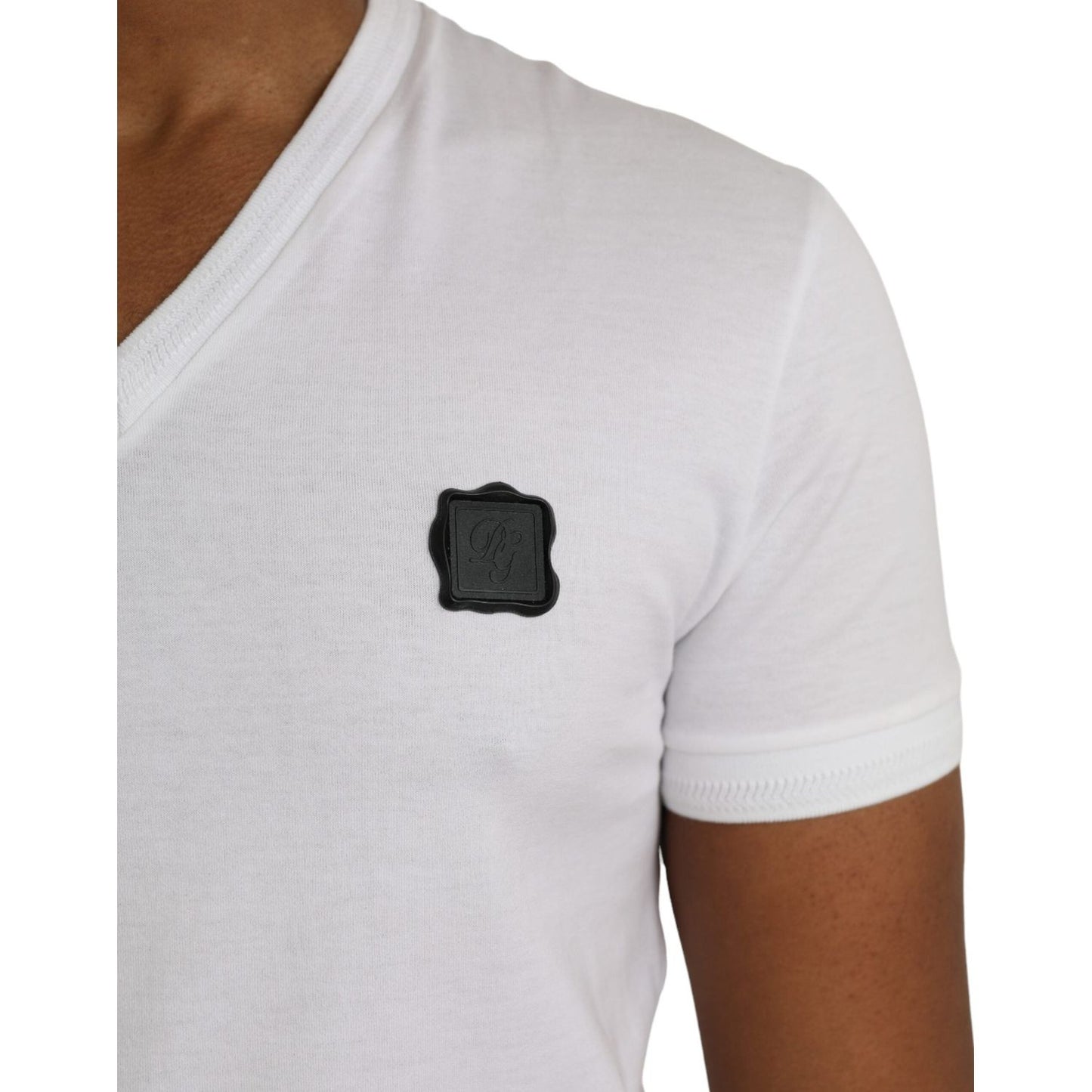 White Cotton Logo Plaque V-neck Men T-shirt