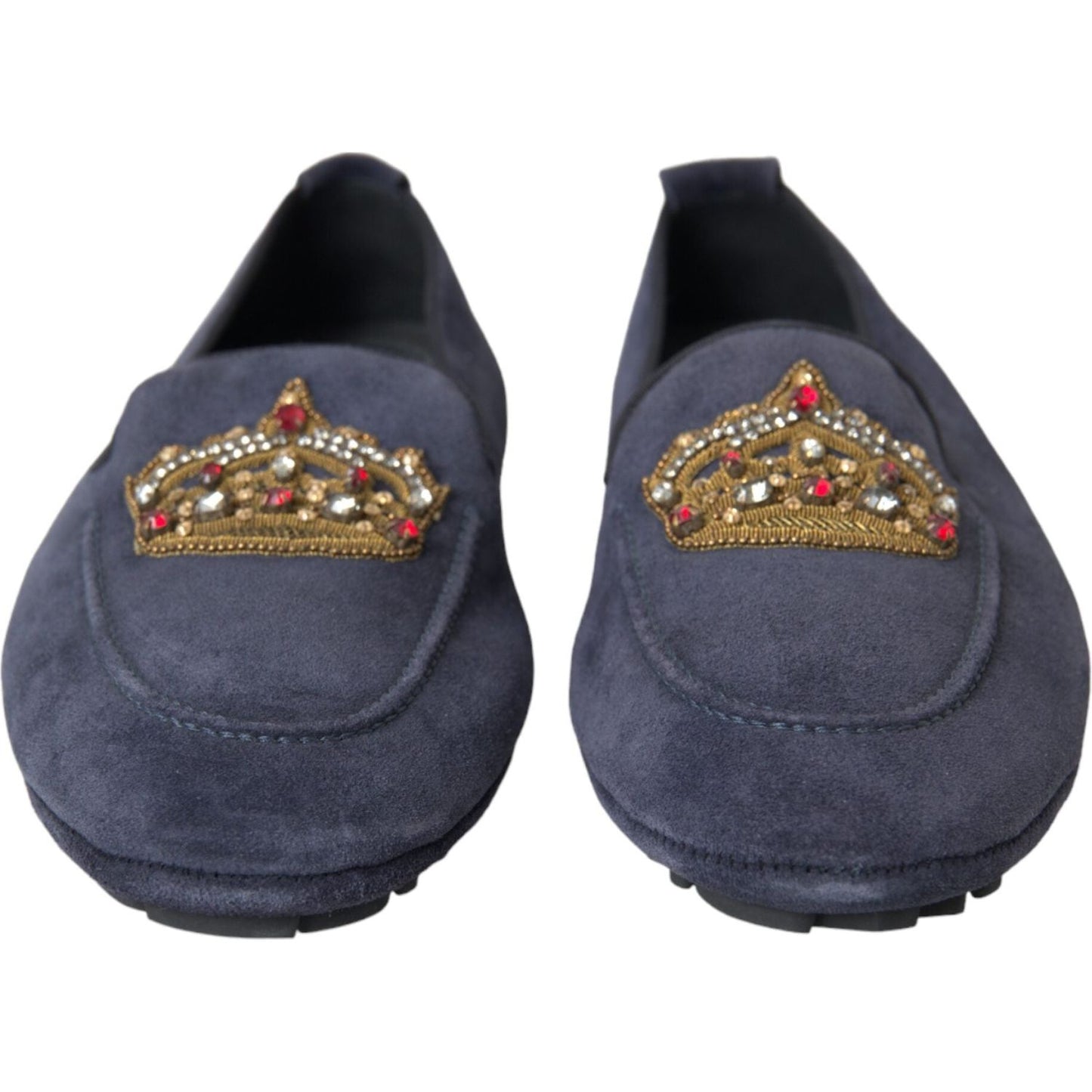 Blue Leather Suede Crystal Crown Loafers Shoes