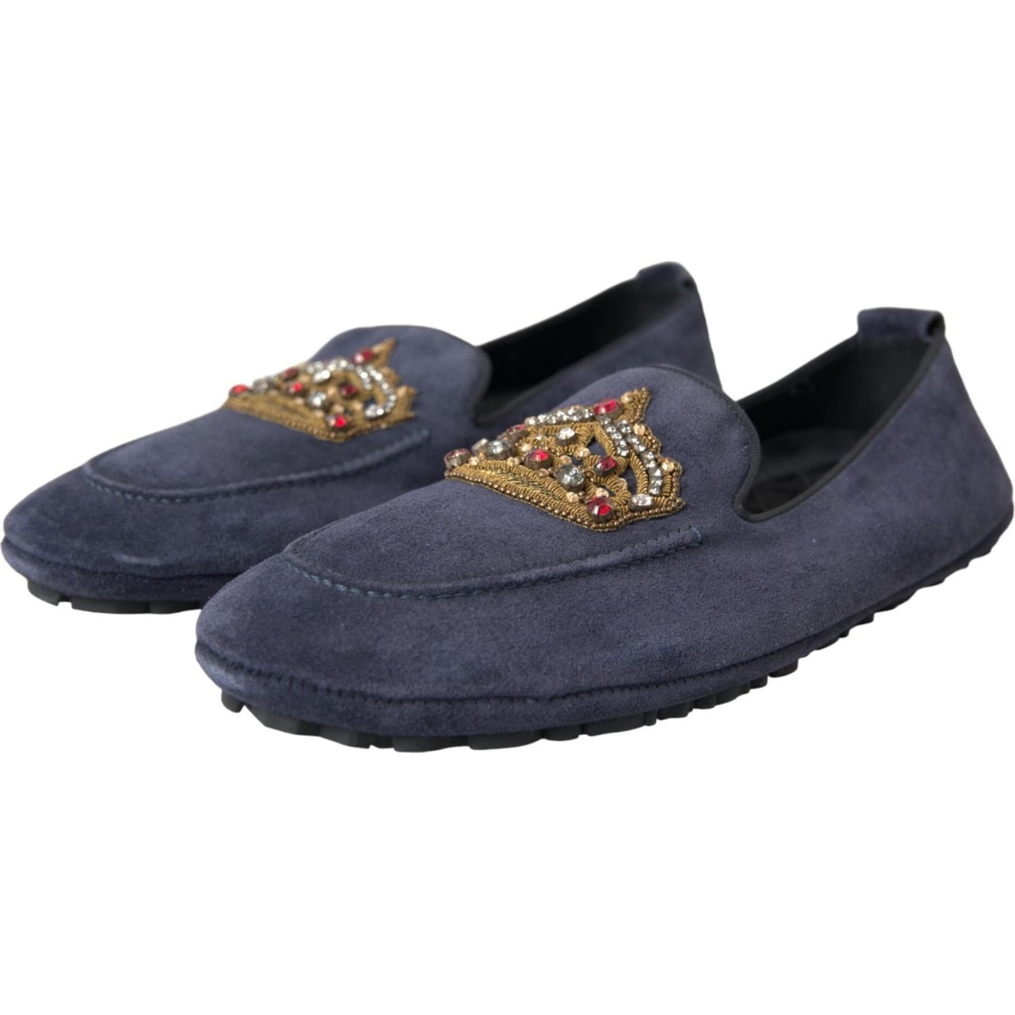 Blue Leather Suede Crystal Crown Loafers Shoes