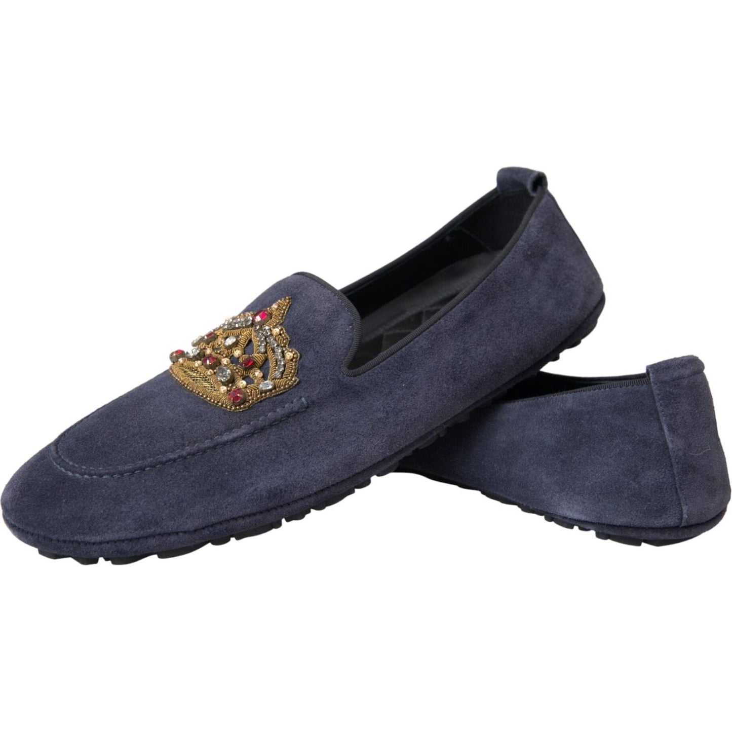 Blue Leather Suede Crystal Crown Loafers Shoes