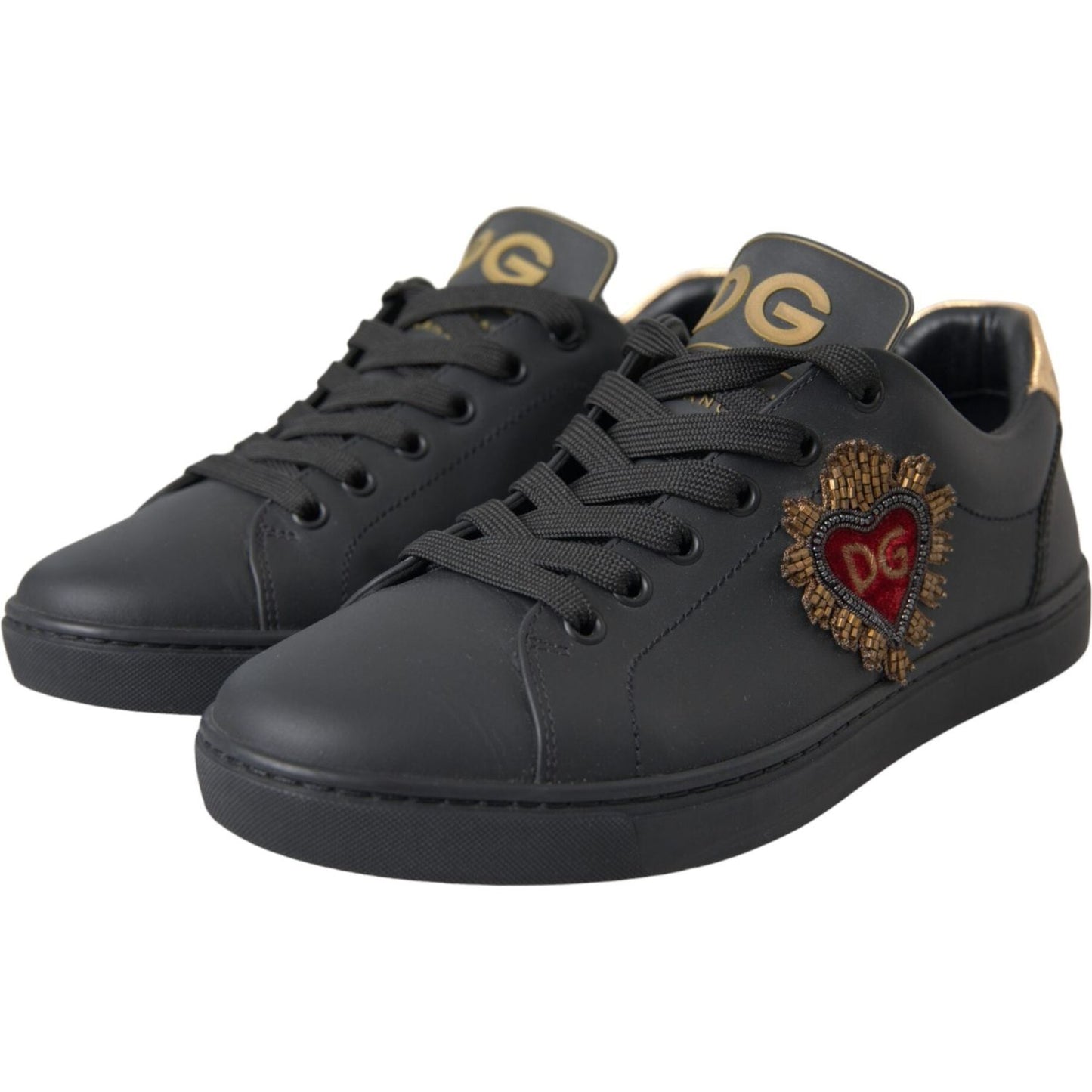 Black Leather Heart Embellished Sneakers Shoes