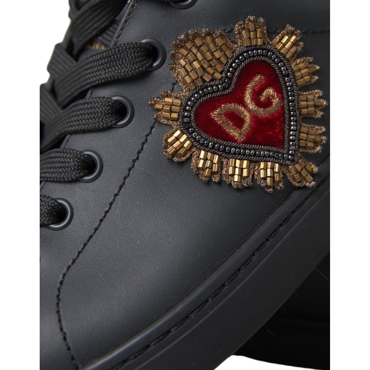 Black Leather Heart Embellished Sneakers Shoes