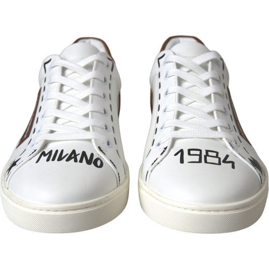 White Brown Leather Logo Low Top Sneakers Shoes